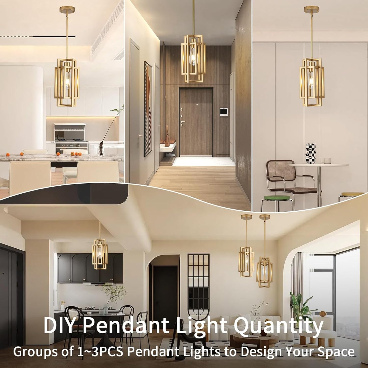 Farmhouse Pendant Light Fixtures, Gold Modern Pendant Lights 59'' Adjustable Small Square Pendant Ceiling Hanging Light for Kitchen Island Dining Room Entryway