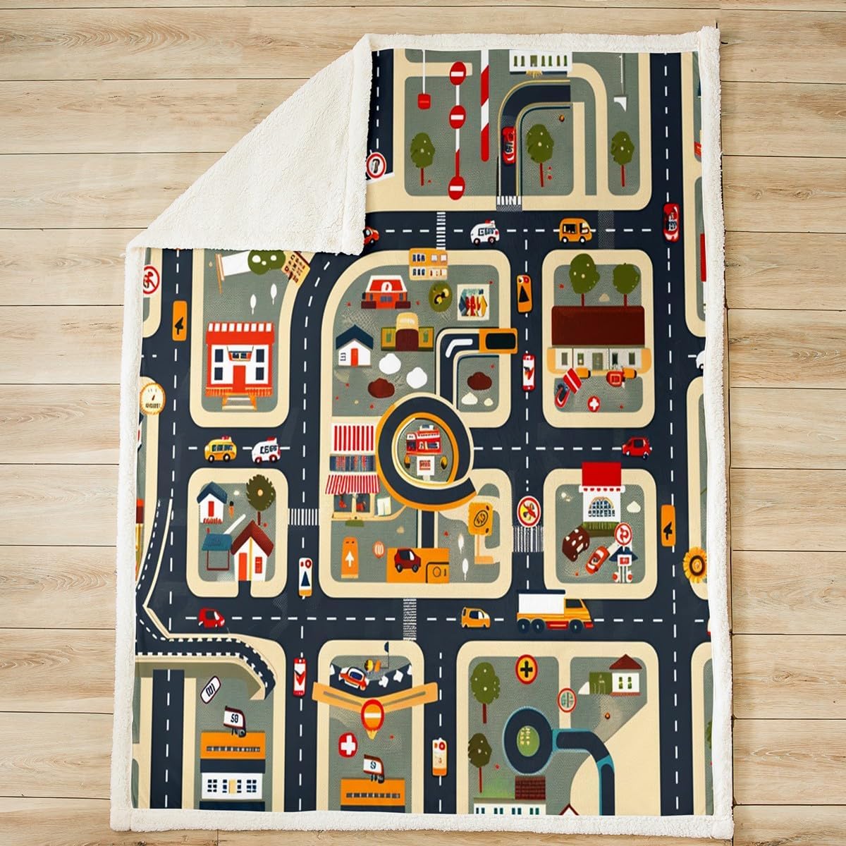 Castle Fairy Cartoon Car Throw Blanket,Kids 3D City Traffic Road Map Blankets for Child Boys Teens Room Decor,Geometric Lines Street Car Fleece Blanket Modern Dark Green Blue Sherpa Blanket,30"×40"