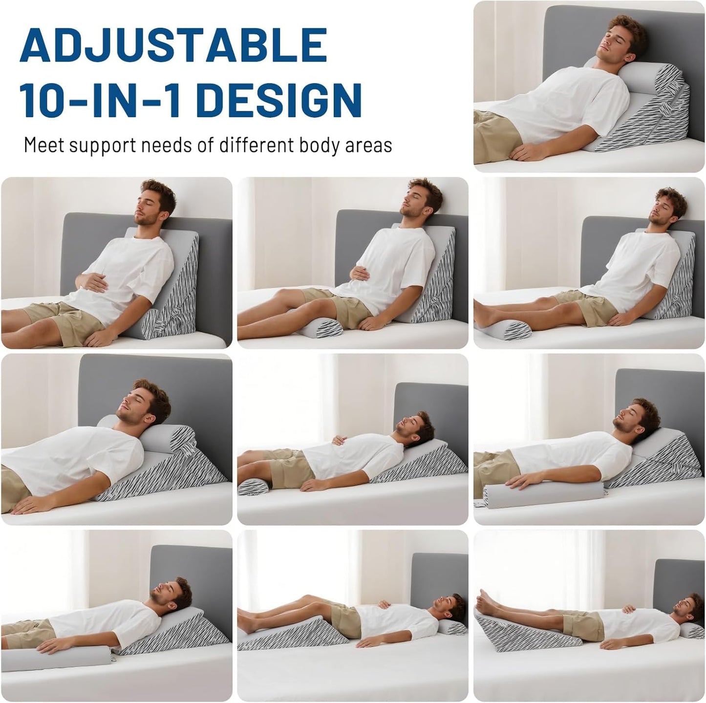 Lewondr Wedge Pillow for After Surgery, Adjustable Bed Wedge Pillow for Headboard Set with Side Pockets Fastener for Sleeping, Snoring, Back Pain & Acid Reflux Relief