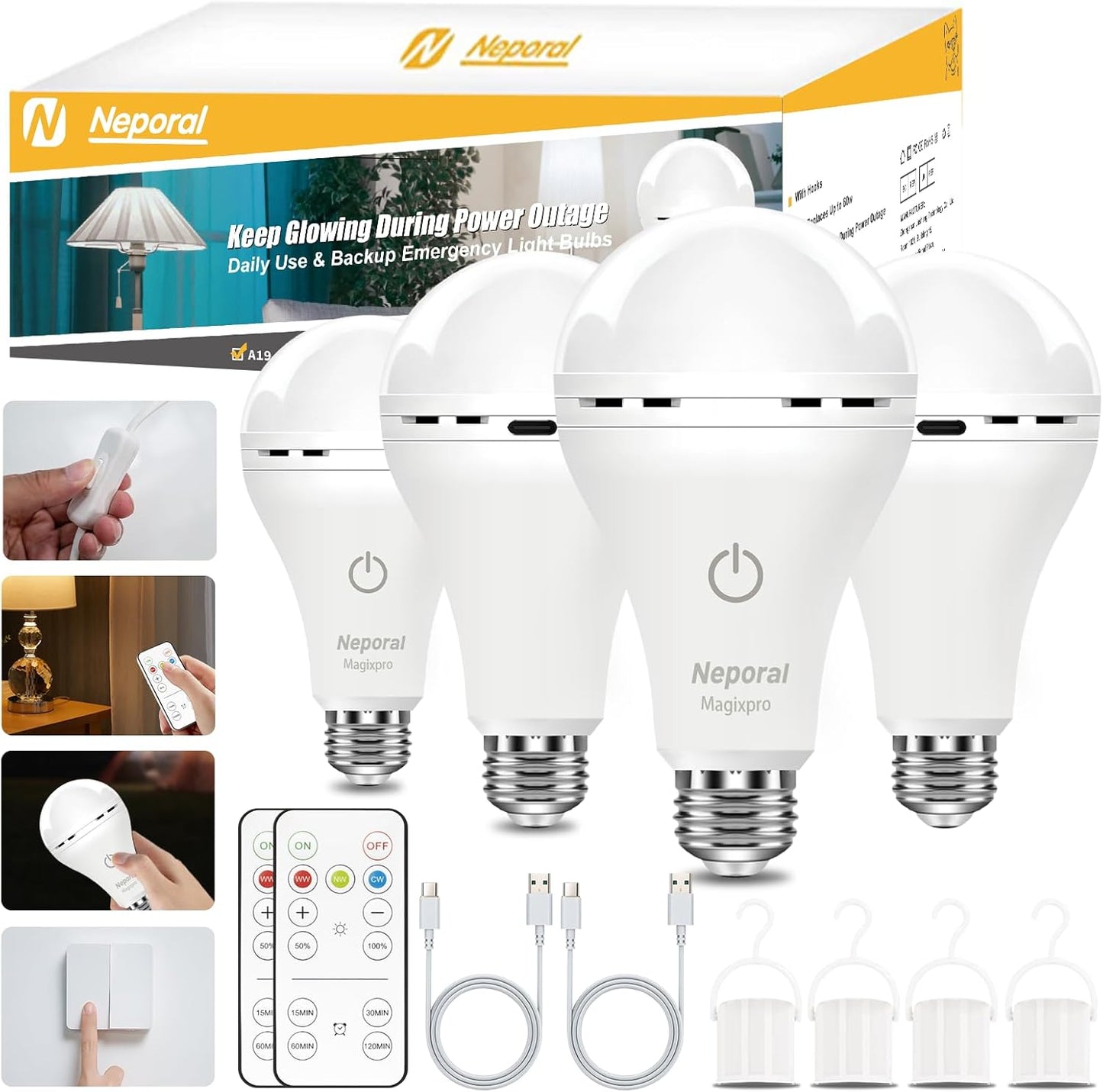 MagixPro Remote Rechargeable Light Bulbs, USB & Socket Charging, 1800mAh Battery, Dimmable LED Bulb for Hardwired & Non-wired Lamps Sconces, Touch + Remote Control, Wall Switch Compatible, 4PK