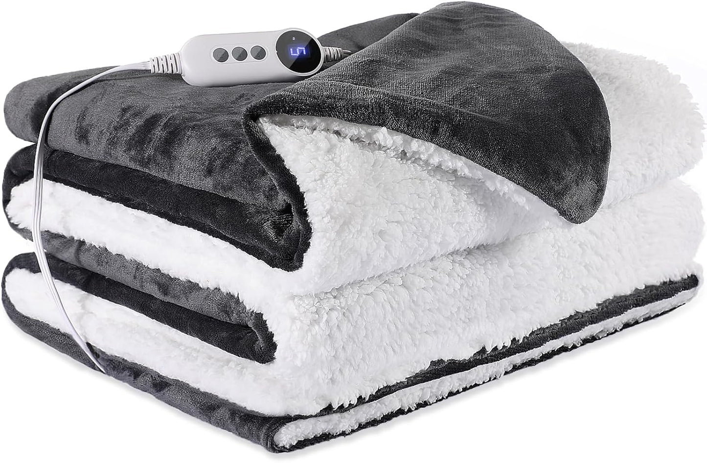 Electric Heated Blanket Throw 50"x60" - Soft Cozy Flannel & Sherpa Fabric Dual-Sided, 9 Heat Settings & 2-10 Hours Auto Off, Warming Heated Throw for Home Office, Machine Washable, Dark Gray