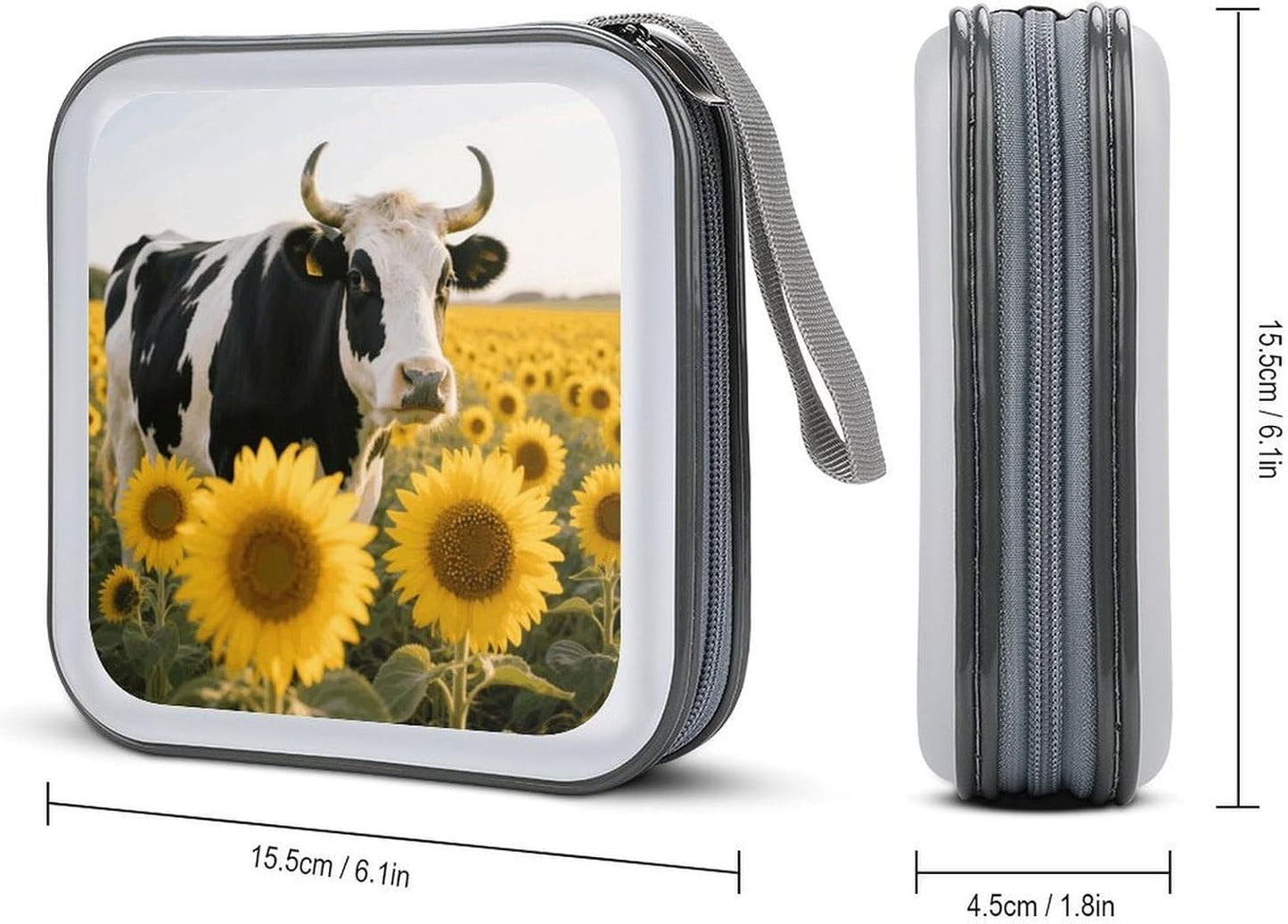 Cow Sunflowers CD Case Portable Zipper CD Case 40 Capacity Hard Plastic DVD Cases Holder Large Storage Disc Wallet Bag for Car Home Travel DVD Collection Bag