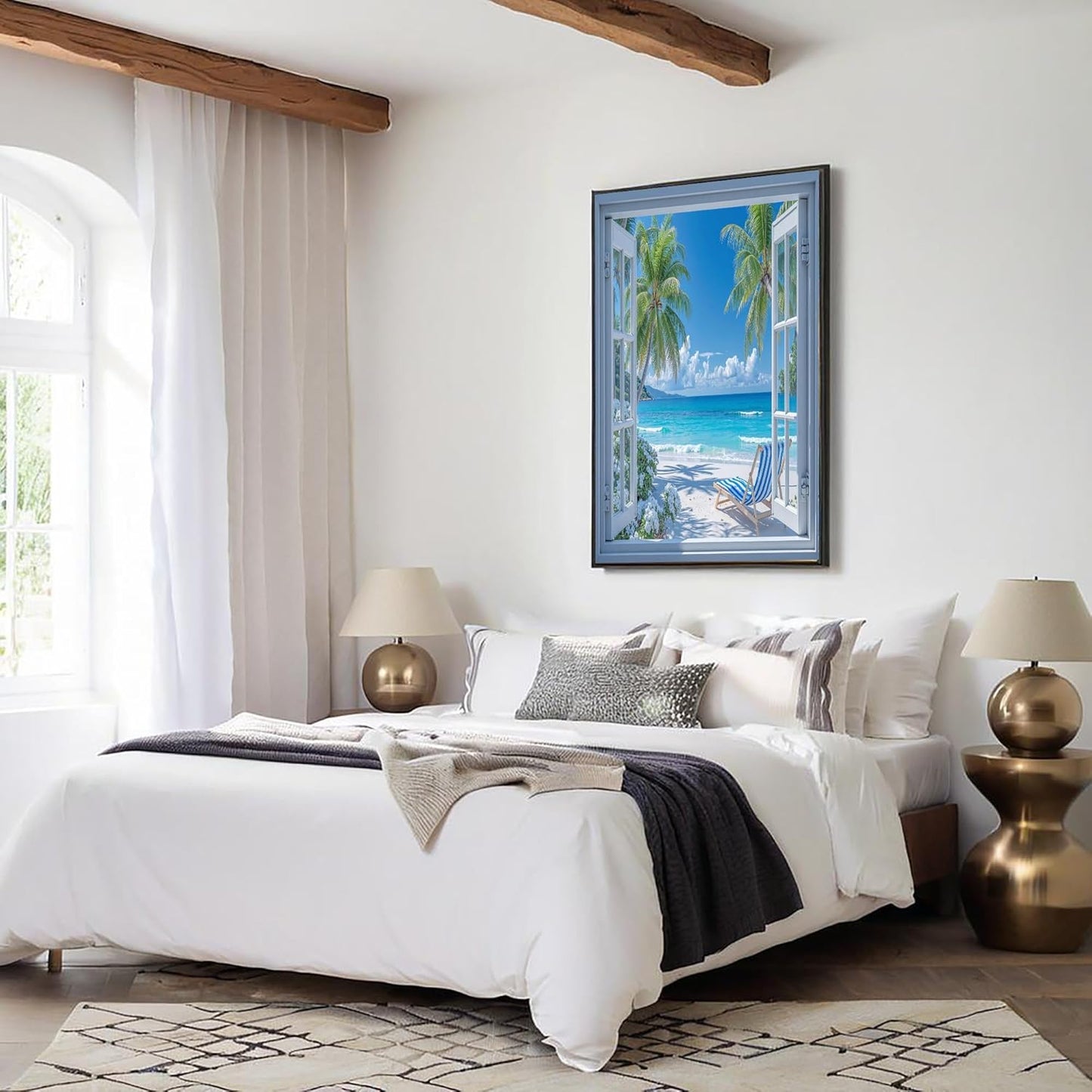 GDJSMIN Realistic White Window Wall Art, Beach View With Palm Trees Poster for Reading Room Living Room Decor 12x 16 inch Unframed