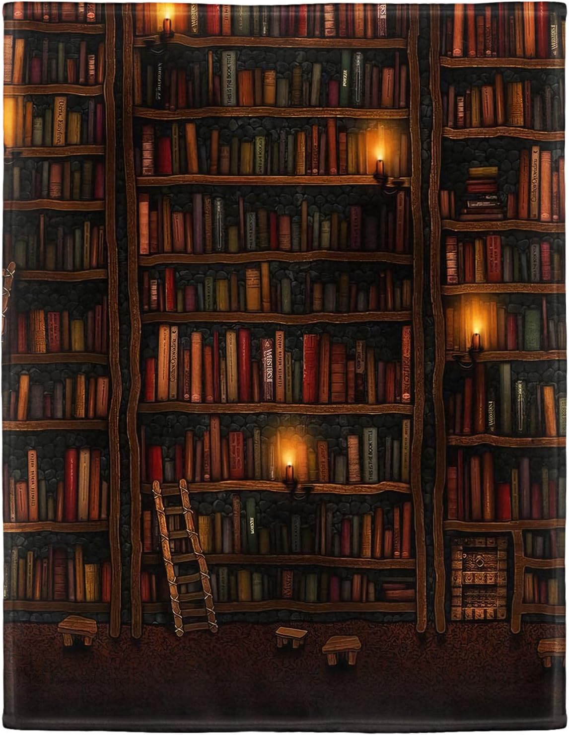 Bookish Reading Blanket Soft Warm Flannel Plush Throw Blankets for Book Lovers Gift Ideas, Vintage Library Bookshelf Candle Ladder, 50 x 80 Inch