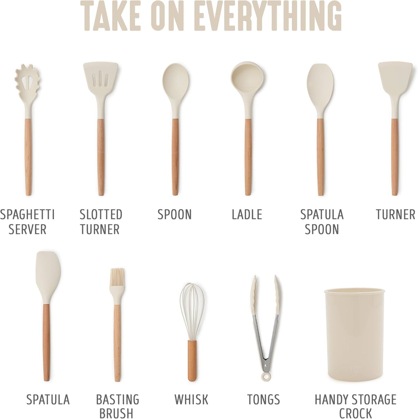 GreenLife 11 Piece Silicone Utensil Crock Set, Nonstick Kitchen Tools, Ladle, Turner, Slotted Turner, Spatula, Spoon, Spaghetti Server, Brush, Whisk, Tongs, Crock, Cream White