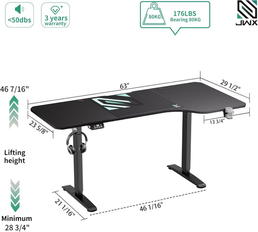 JWX Dual Motor L Shaped Standing Desk 63”, Electric Height Adjustable Gaming Desk with Memory Presets, Child Lock, Sit Stand Reminder, Carbon Fiber Desktop, Cable Management, Cup Holder