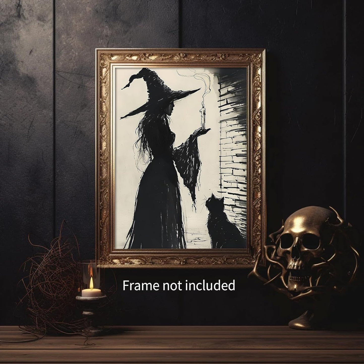 Halloween Canvas Wall Art Witch and Black Cat Posters Gothic Candle Haunted Witchcore Pictures Vintage Ink Style Prints for Dark Academia Halloween Party House Decor 12x16inch Unframed