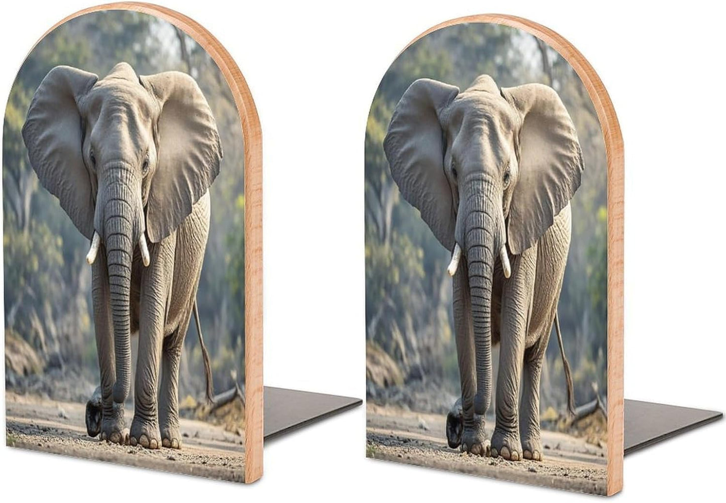 Elephant Bookends 1 Pair Heavy Duty Book Ends for Shelves Non-Skid Bookend Supports Wooden Book Holders with Metal Base Desk Organizers Books Storage to Hold Books