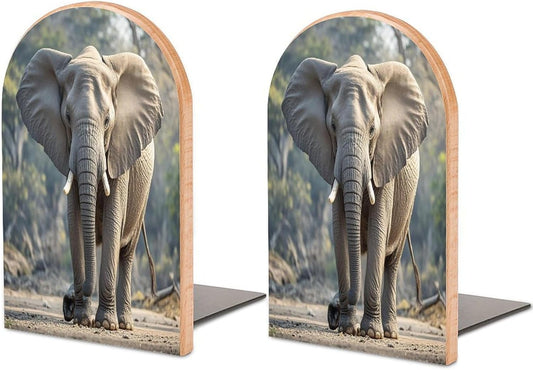 Elephant Bookends 1 Pair Heavy Duty Book Ends for Shelves Non-Skid Bookend Supports Wooden Book Holders with Metal Base Desk Organizers Books Storage to Hold Books
