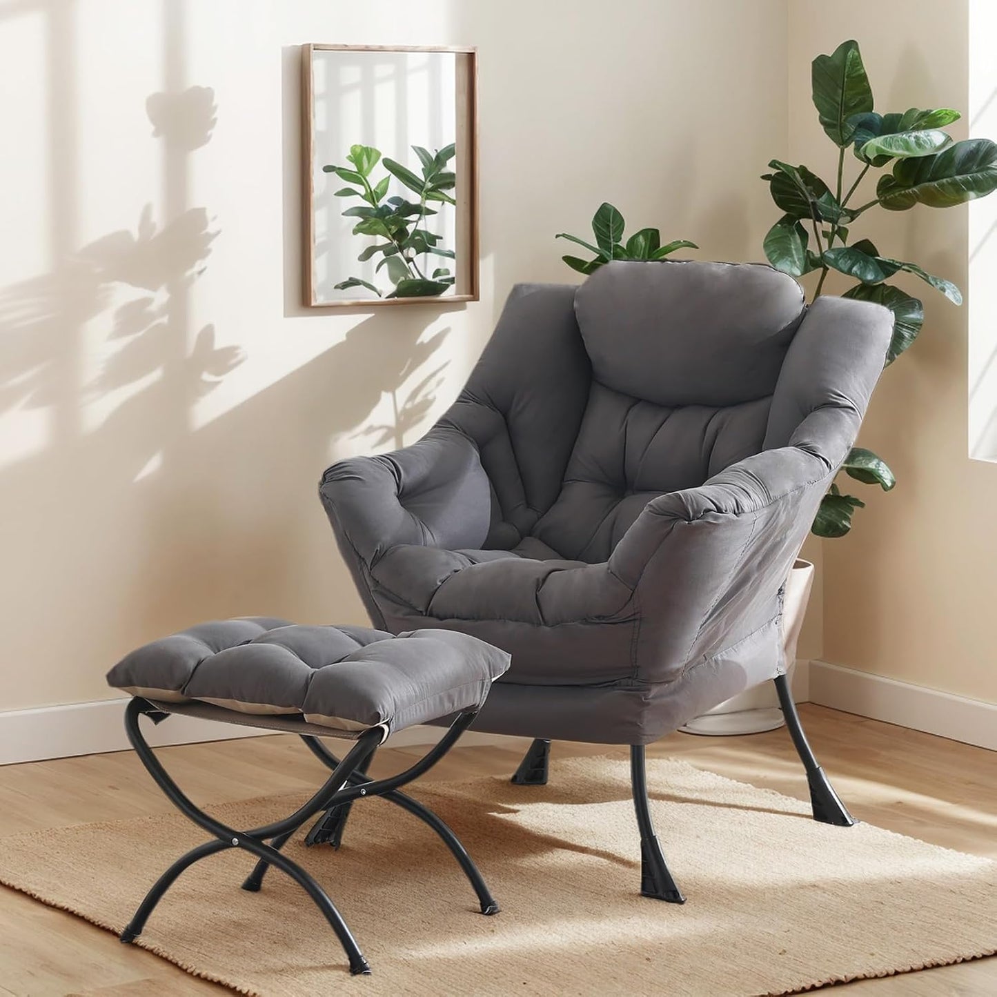 Lazy Chair with Ottoman, Large Dark Grey Accent Chair with Ottoman, Comfy Reading Armchair, Leisure Sofa Chair for Living Room, Bedroom, Dorm Room, Office