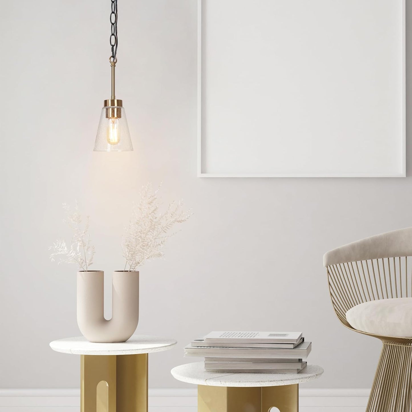 KSANA Black Gold Pendant Light, Modern 1-Light Brass Pendant Lighting Fixture with Seeded Glass Shade and Adjustable Height for Kitchen Island, Dining Room, Foyer and Hallway