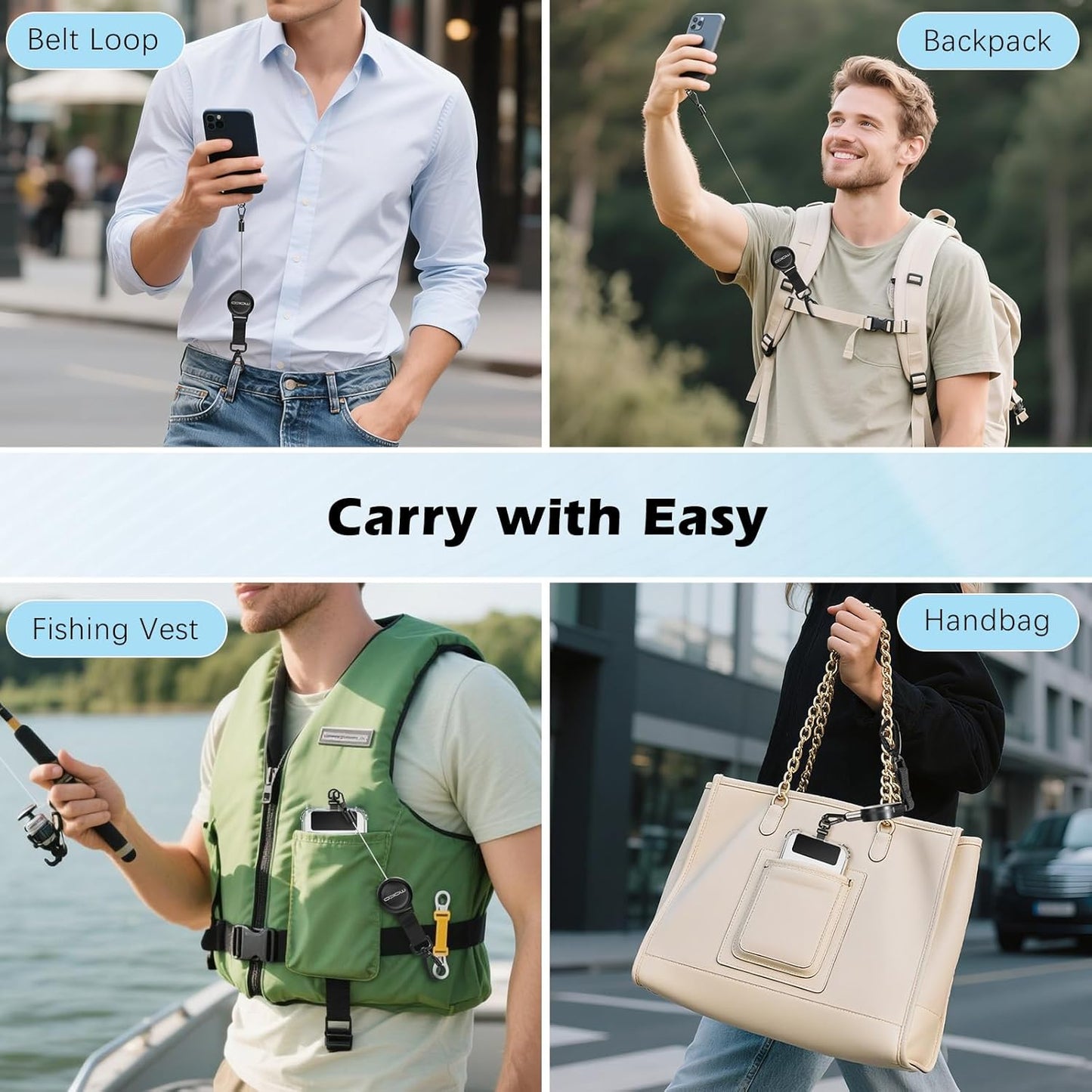 MoKo Anti-theft Phone Tether, Phone Lanyard Retractable Steel Line Cellphone Strap with Locking Carabiner and Metal 360° Tether Tab for Outdoor Skiing Hiking Climbing Fishing, Black