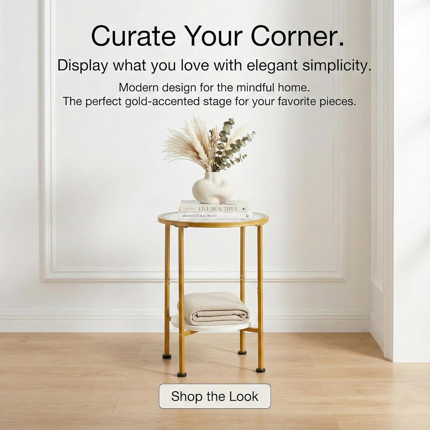 Round Gold Side Table, 2 Tier Tempered Glass Top End Table with White Storage Shelf for Living Room,Modern Small Nightstand for Bedroom,Metal Accent Bedside Table for Small Spaces