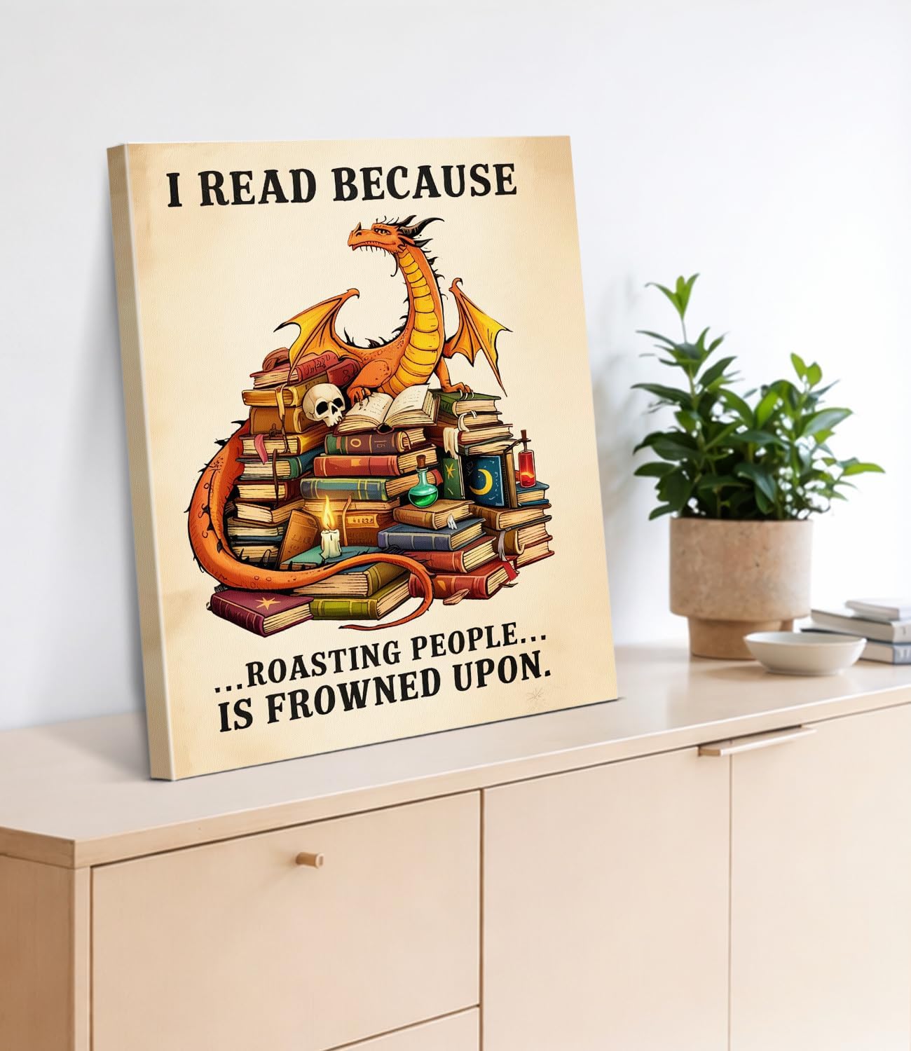 Vintage Bookish Dragon Wall Art Print - Funny Dragon Books Canvas Poster Painting - Book Lover Gifts Wall Decor for Home Reading Nook Library 8x10 Inch Framed