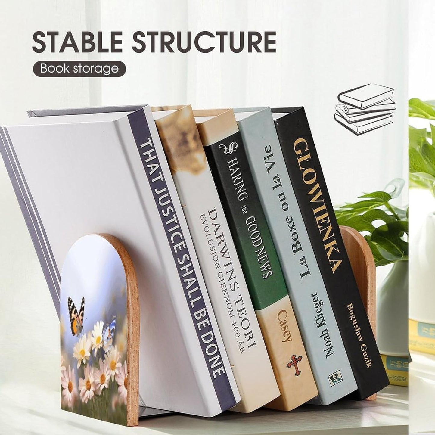 Butterfly Daisy Bookends 1 Pair Heavy Duty Book Ends for Shelves Non-Skid Bookend Supports Wooden Book Holders with Metal Base Desk Organizers Books Storage to Hold Books