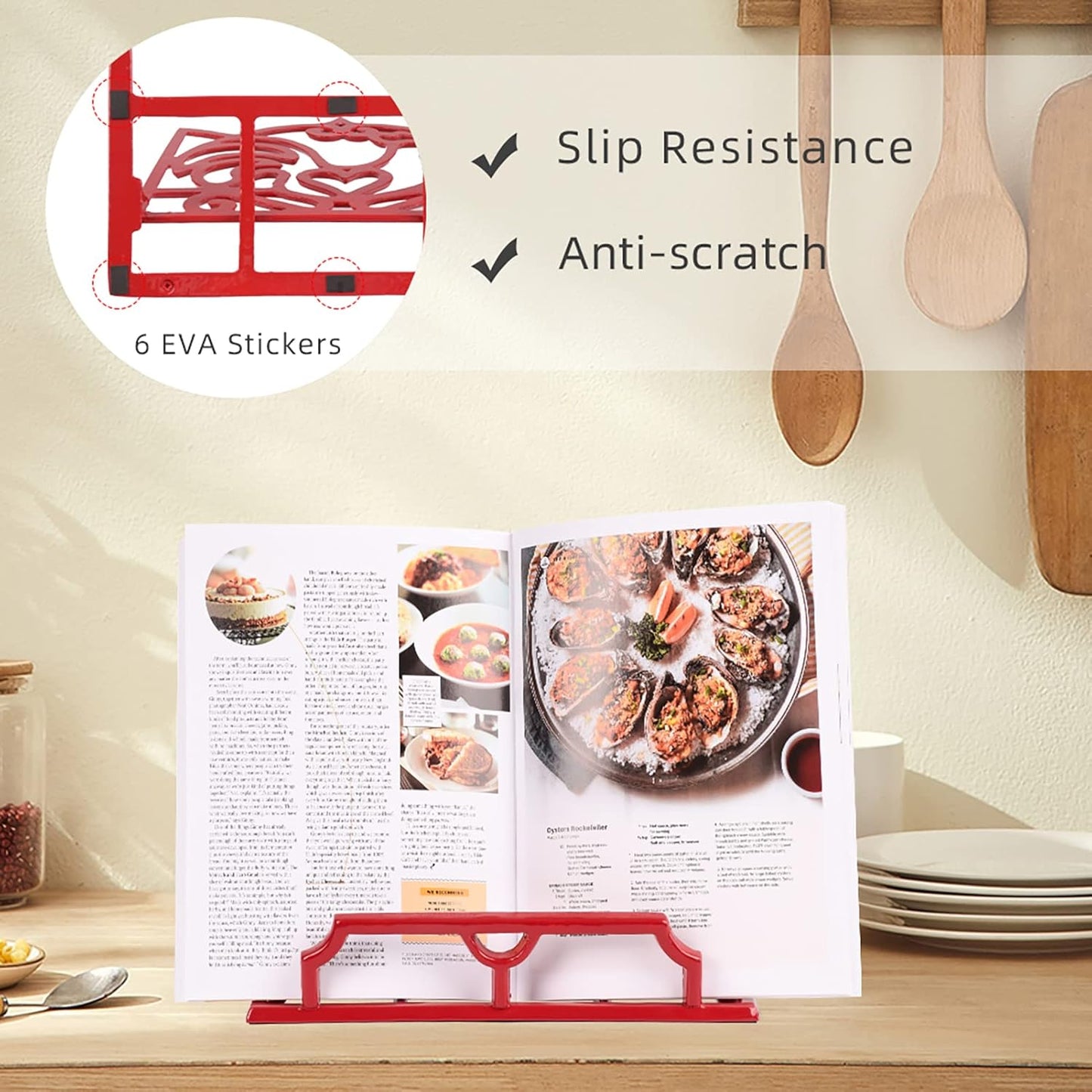 Cookbook Stand, Cast Iron Heavy-Duty Recipe Book Holder, Kitchen Vintage Recipe Book Holder, Reading Rest Holder for Easel/Counter/Books/Magazine/iPad/Bible, Red