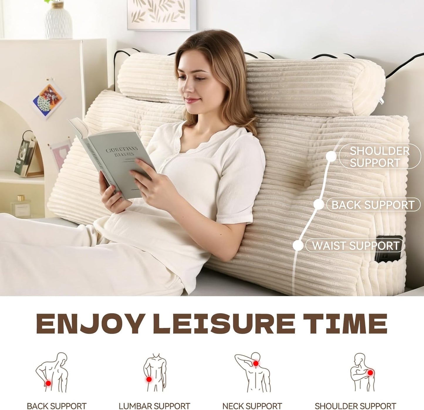 Headboard Pillow Full - Adjustable Back Support Wedge Pillow for Sitting Up in Bed, Perfect for Reading. Includes Removable & Washable Cover,Beige (54x8x20 Inches)