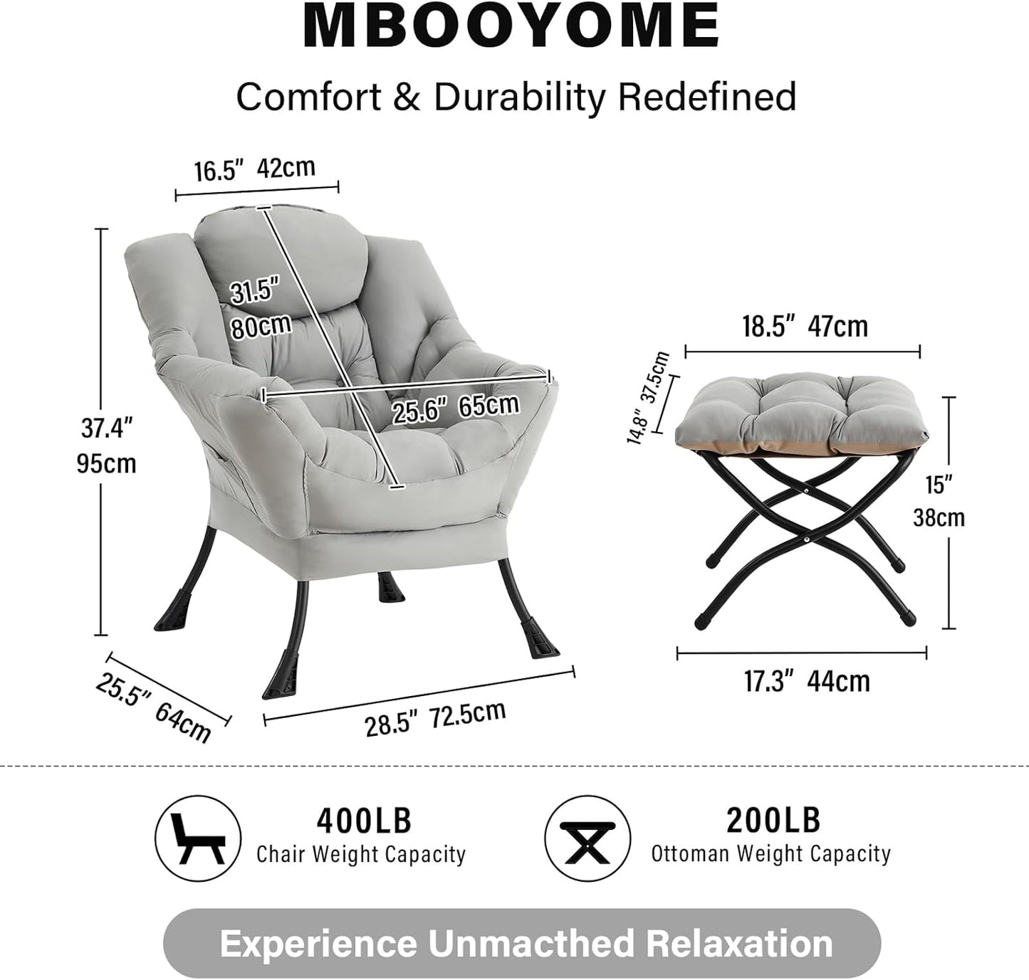 Lazy Chair with Folding Ottoman, Modern Accent Lounge Armchair with Armrests and a Side Pocket & Foldable Footstool, Leisure Reading Chair for Living Room, Bedroom, Dorm & Office, Light Grey