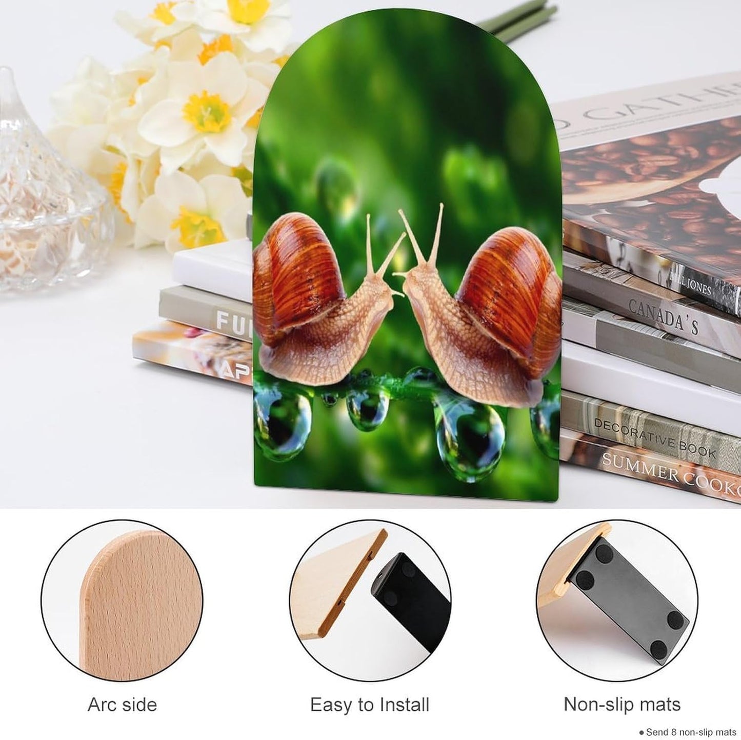 Wildlife Animal Snail Wooden Bookend Non-Slip Book Ends Heavy Duty Book Stopper with Metal Base Books Holderd Decorative Bookends Stands Firmly for Office Supplies