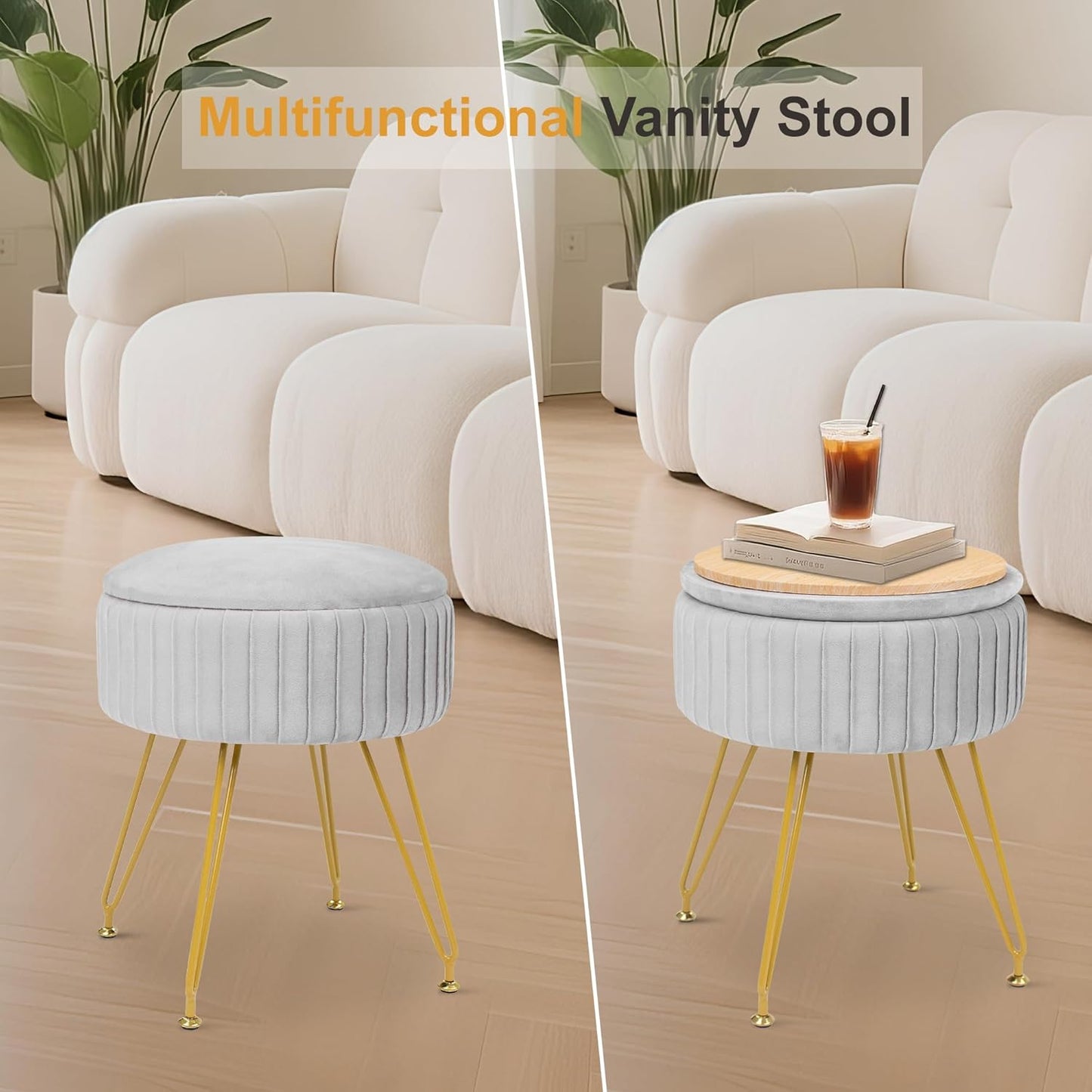 Round Vanity Stool with Storage Ottoman,Vanity Chair for Makeup Room with Removable Cover, Small Footrest Ottoman for Home, Living Room, Bedroom (Grey)