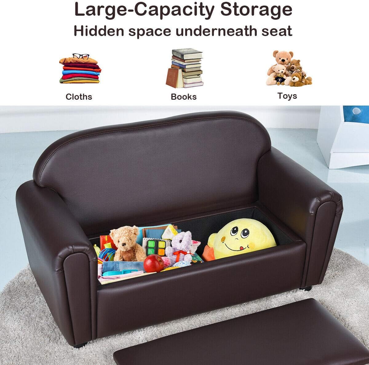 FANTASK Child’ s Sofa, Kid Armrest Sofa Chair Living Room Furniture, Kids Sofa Lounge Bed with Hidden Storage Compartment, Double Seat Upholstered Armchair, Great Gift for Kids, Toddlers