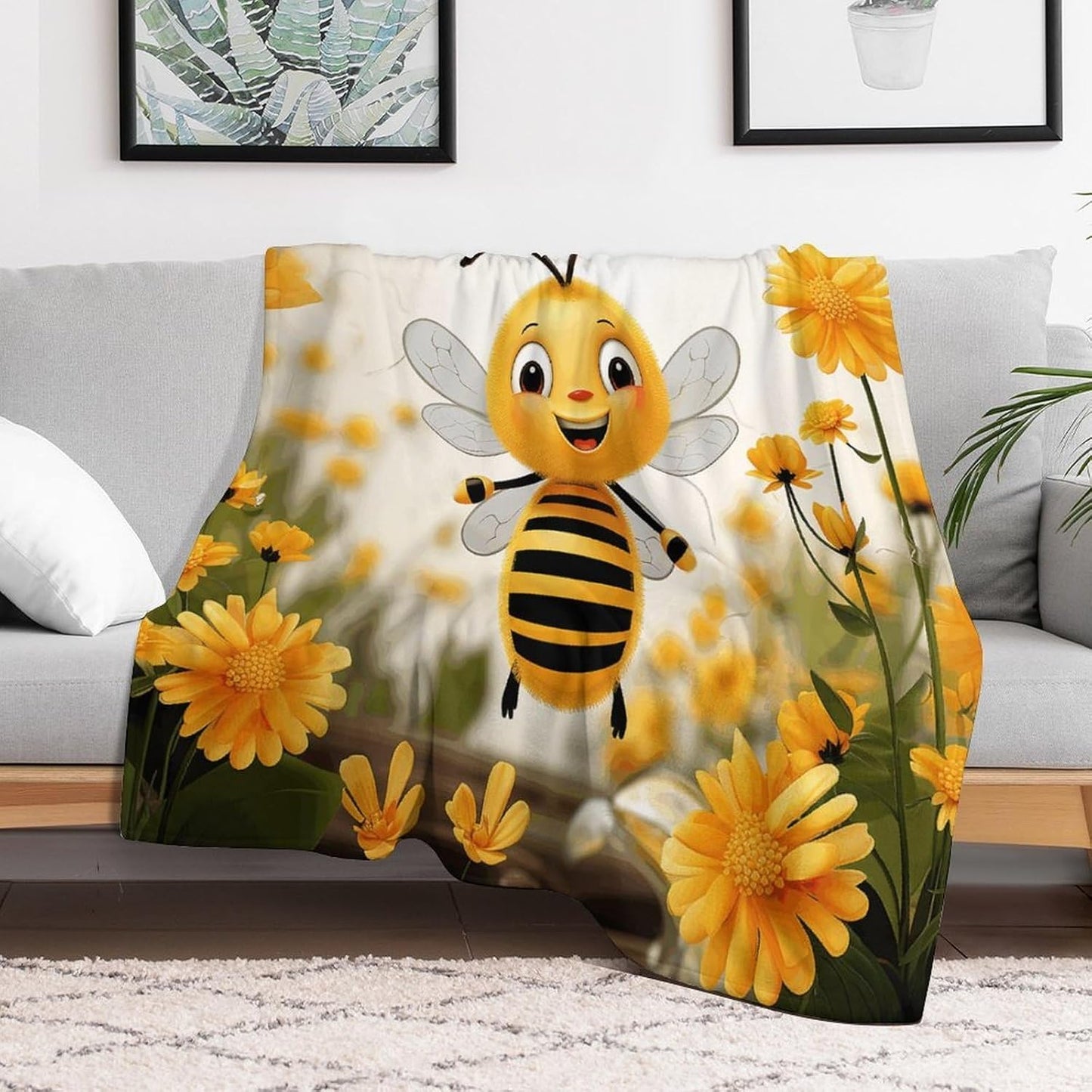 Cute Bees Daisy Flower Throw Blanket for Couch Super Soft Warm Lightweight Throw Blankets Cozy Flannel Bed Blanket Cute Decorative Blankets for All Seasons Home Decor Gift 50"*60"（130 * 150cm）