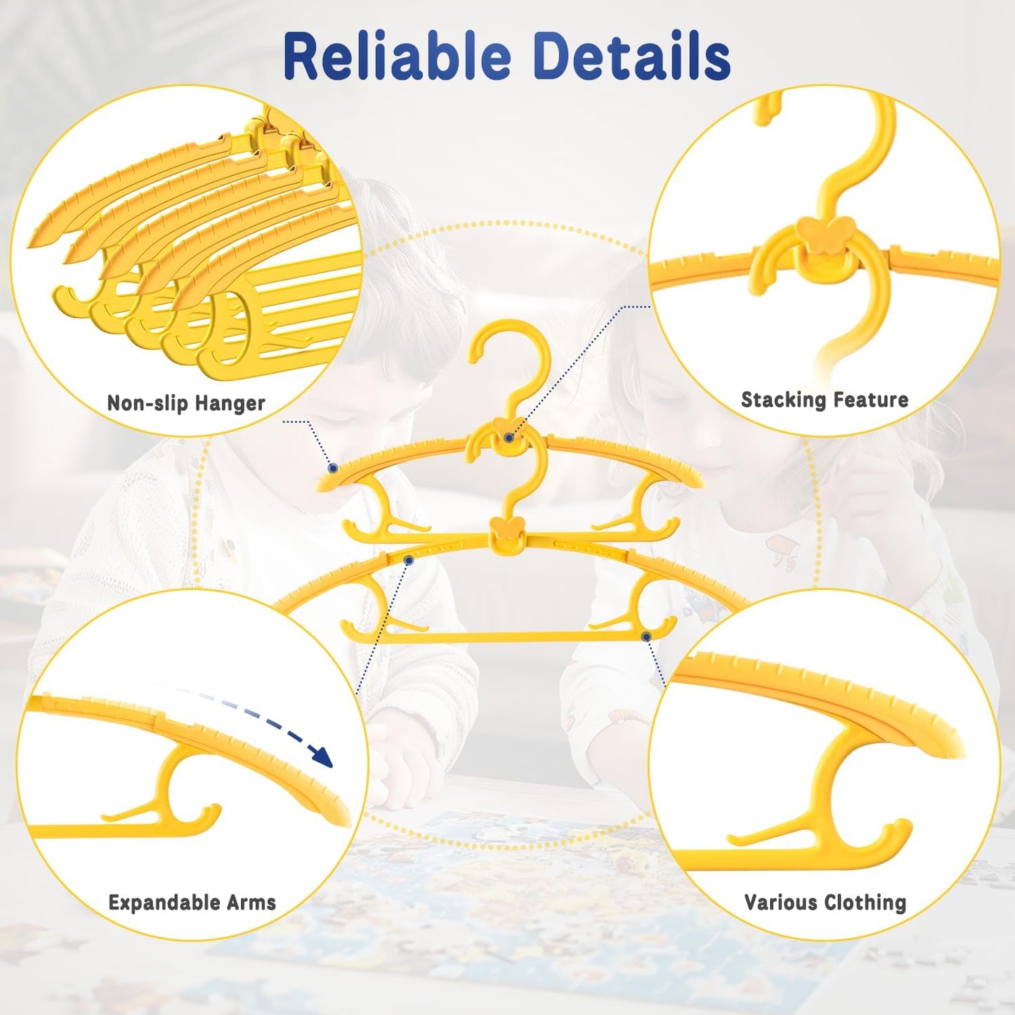Damita Baby Hangers 11"-14" Adjustable Plastic Kids Hangers, Non-Slip Nursery Clothes Hanger with Small Butterfly Hooks, Sunny Yellow Childrens Hanger for Newborn to Toddler Closet Space Saving 20Pack