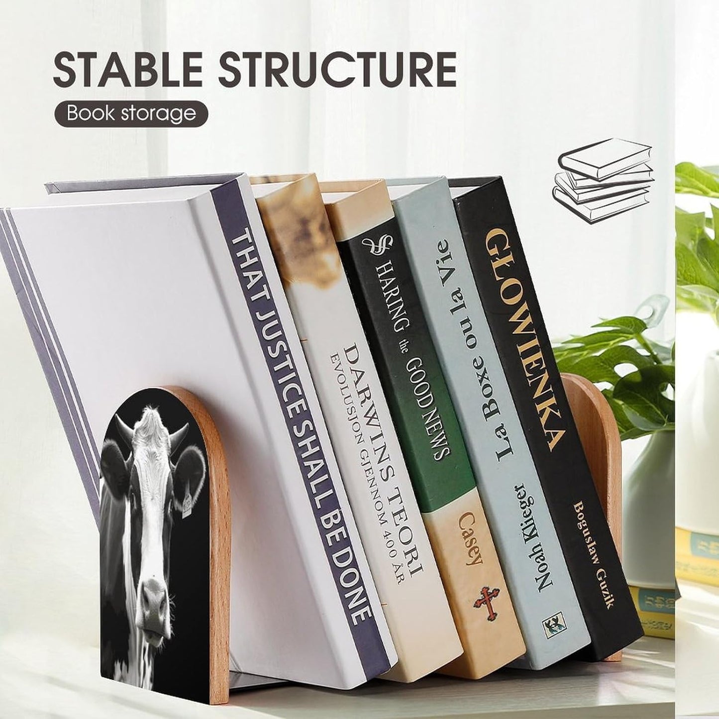Animal Funny Cow Head Black White Bookends 1 Pair Heavy Duty Book Ends for Shelves Non-Skid Bookend Supports Wooden Book Holders with Metal Base Desk Organizers Books Storage to Hold Books