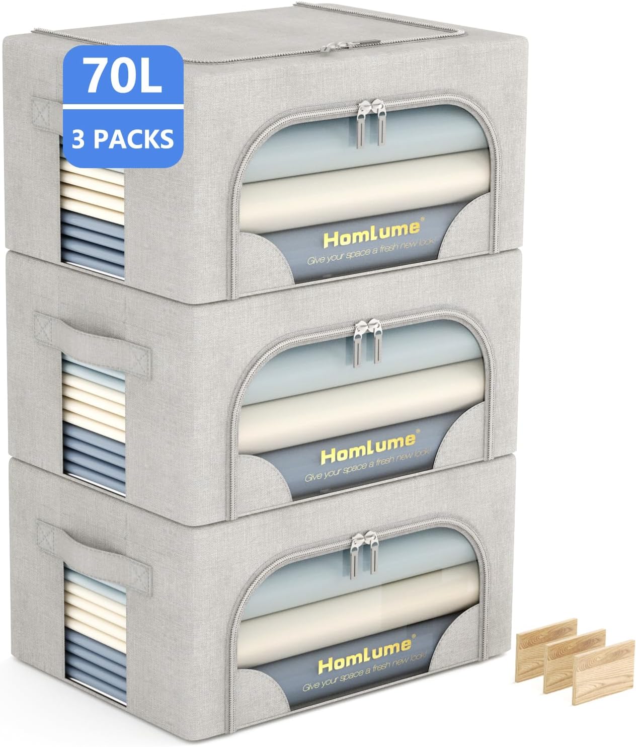 3 Packs Storage Boxes for Clothes Collapsible Storage Bins with Cedar Wood Piece, Linen with Metal Supports and Durable Handles Metal Storage box,Clear Window with Zippers (Light Grey,70L)