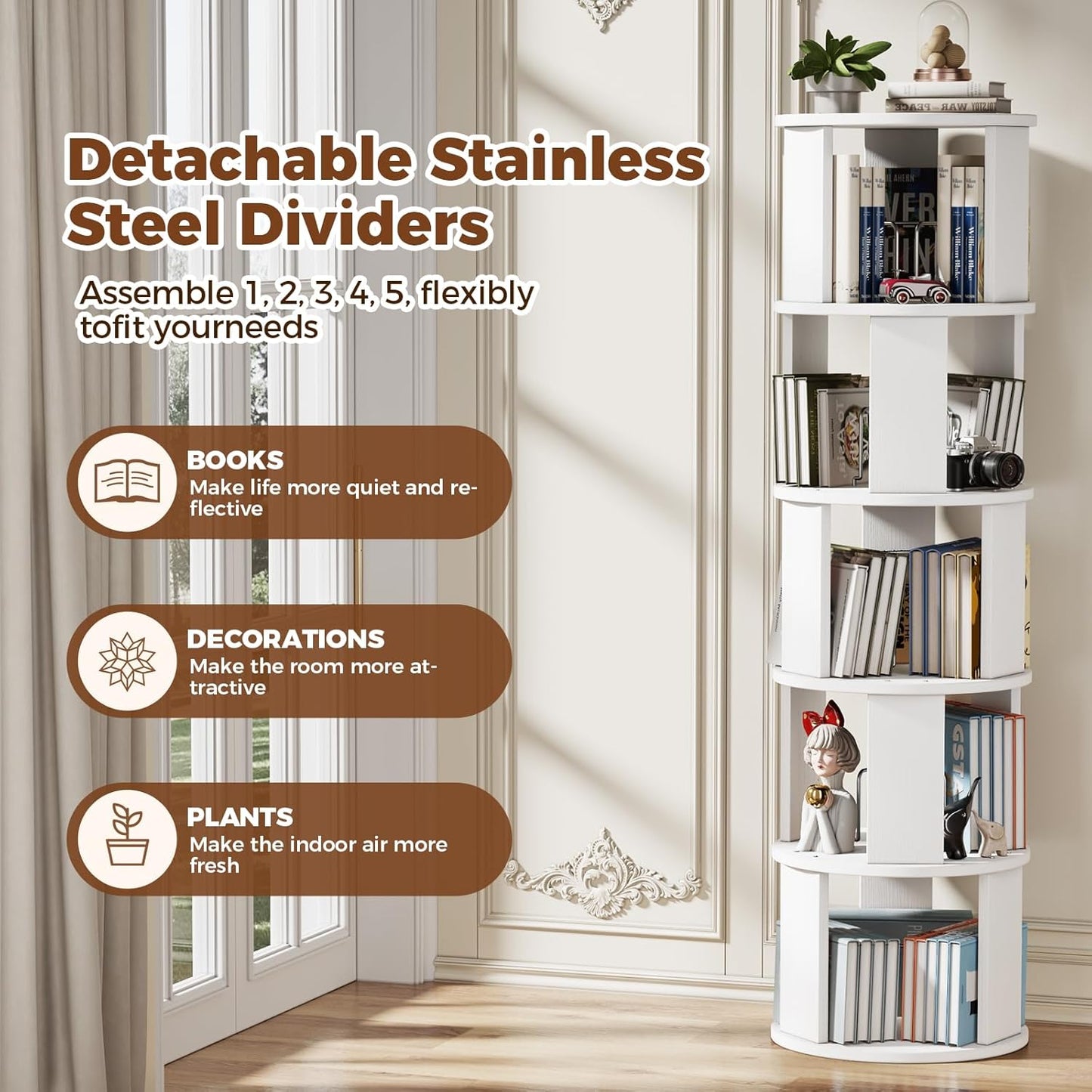 5 Tier Rotating Bookshelf Tower, 360° Display Round Bookcase, Floor Standing Corner Revolving Bookshelf Organizer Storage Rack for Home Study Office, White