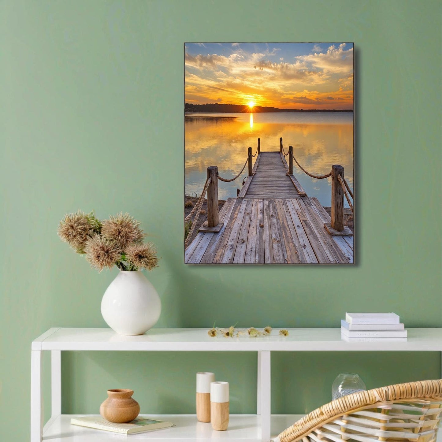 GDJSMIN Sunset Scene Wall Art, Wooden Pier Design Poster for Reading Room Living Room Decor 12x 16 inch Unframed