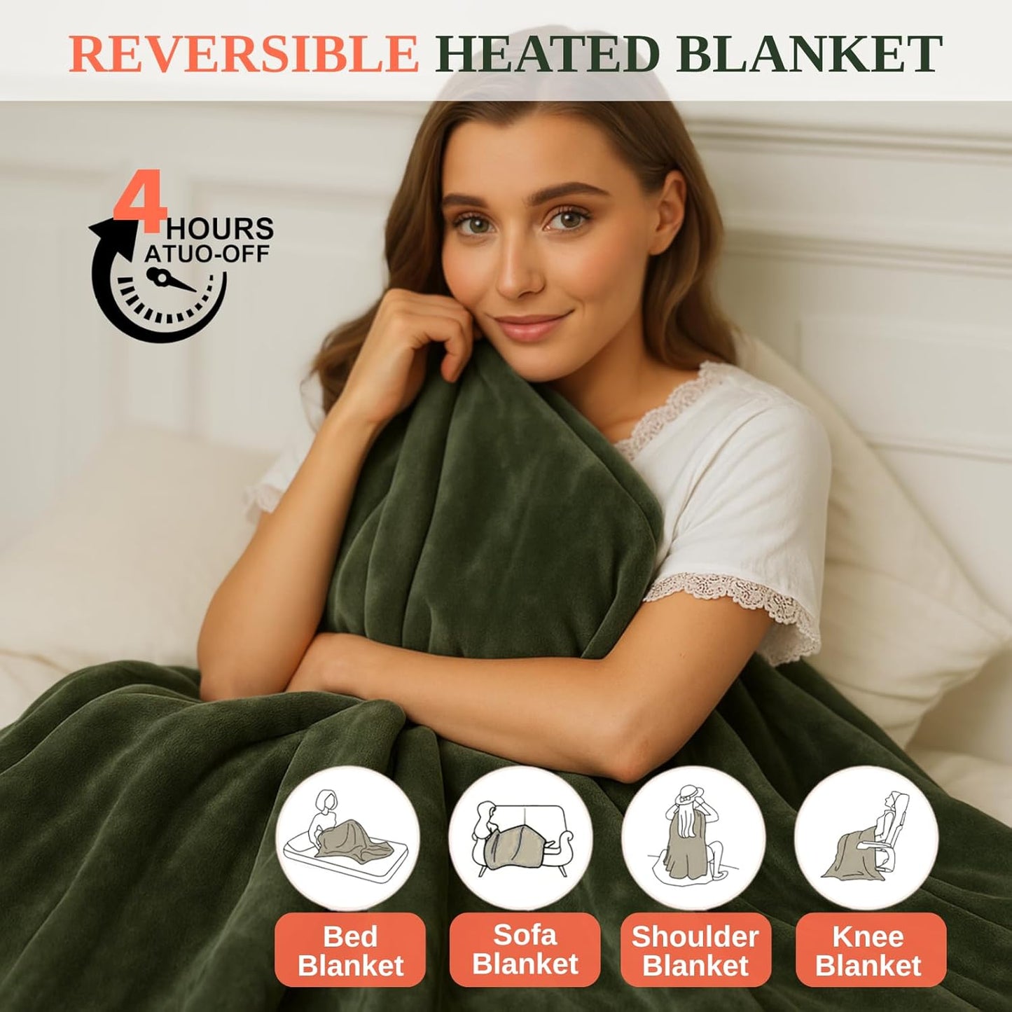 Electric Heated Throw Blanket Sherpa 50"x60" Green Machine Washable 6 Heat Settings 4 Hours Auto Off Overheat Protection for Home Office Use