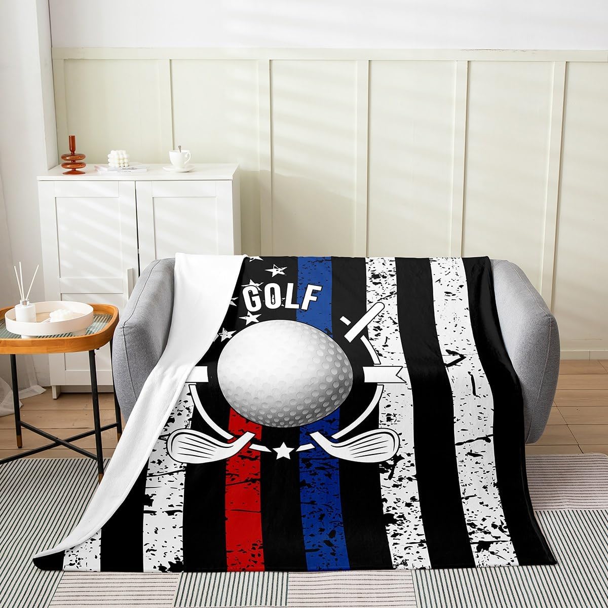 Erosebridal Golf Blanket Throw 50x60 Inch, Ball Sports Lover Throw Blanket American Flag Fleece Blanket, Sports Games Lightweight Bed Blanket Golf Ball for Kids Boys Teens Men