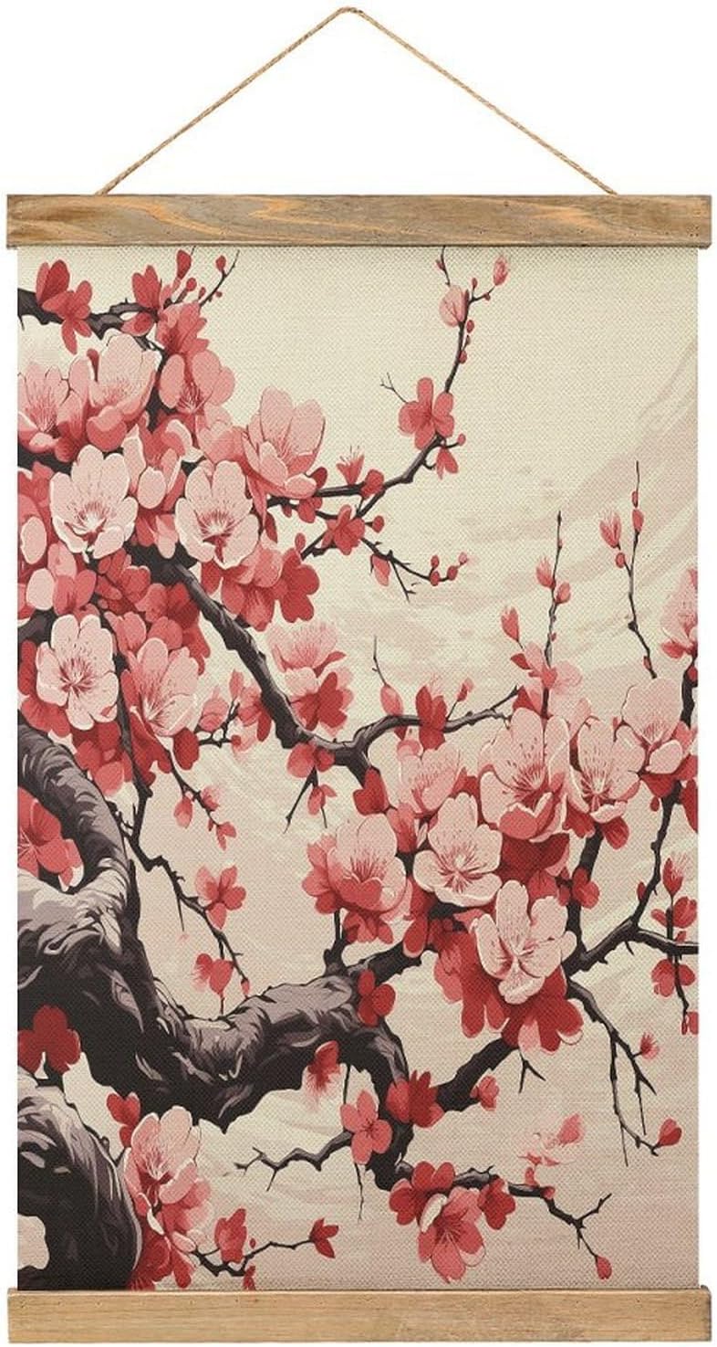 Vintage Japanese Floral Cherry Blossom Poster with Wooden Frame Personalized Linen Hanging Scroll Painting Rustic Wall Hanging Illustrative Modern Artwork Decor for Home Living Room Bedroom Office
