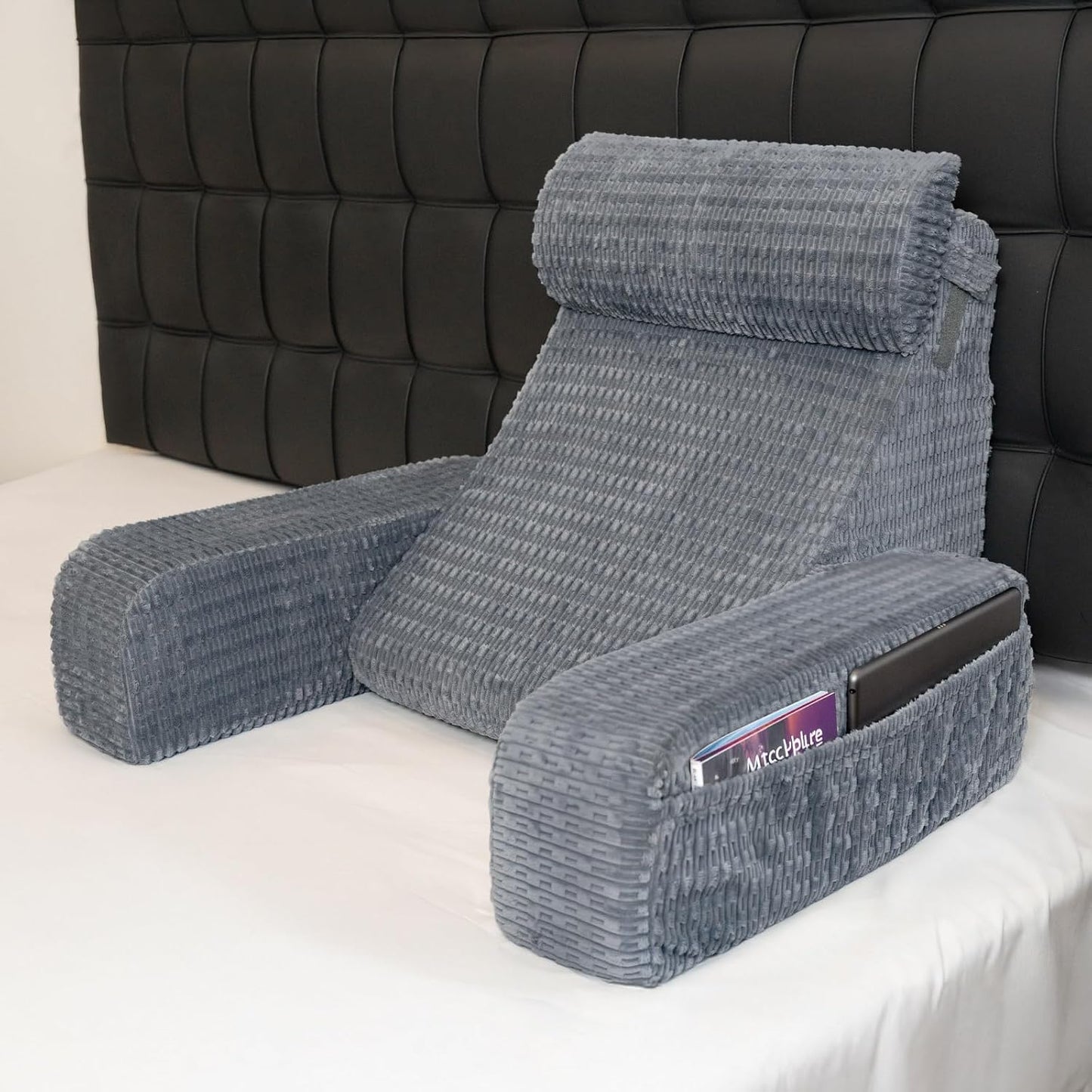 Reading Pillow for Bed, 19" Back Pillow for Bed Sitting up, Big Pockets & Built-in Arms, Backrest Cushion, Wedge Support for Reclining/Reading/Resting/Watching TV, Washable Cover, Slate Blue