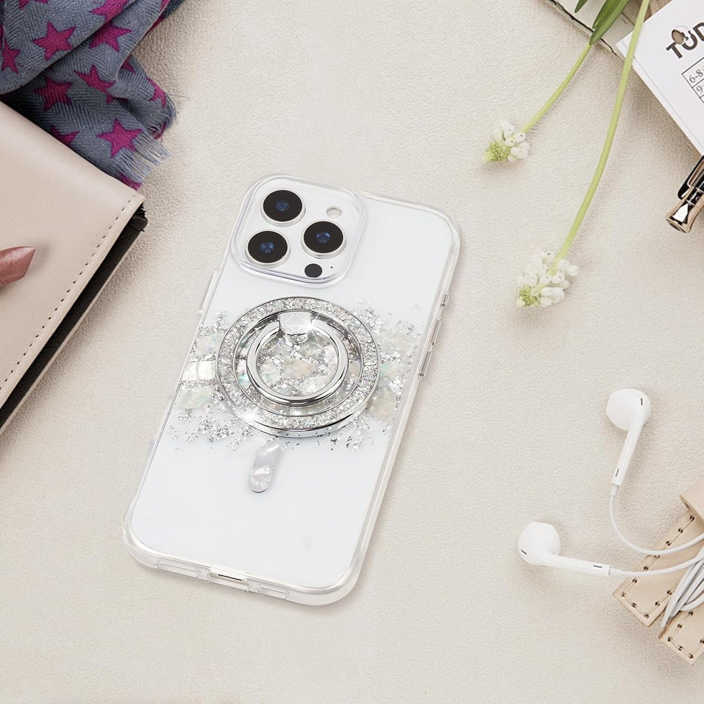 Magnetic Phone Ring for MagSafe Grip [Super Magnet] Stylish Twinkle Ring Holder Stand with, Mag Safe Accessory for iPhone 16/15/14/13 Pro Max Plus, Silver