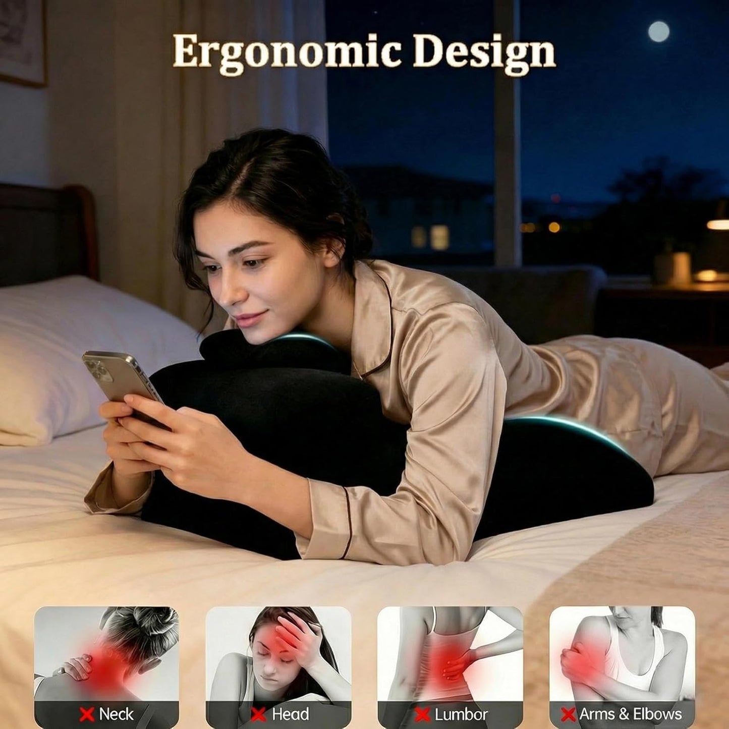 Memory Foam Ergonomic Rest Pillow, Multi-Use Reading & Prone Sleep Pillow for Back Support, Comfortable Wedge for Sitting Up in Bed