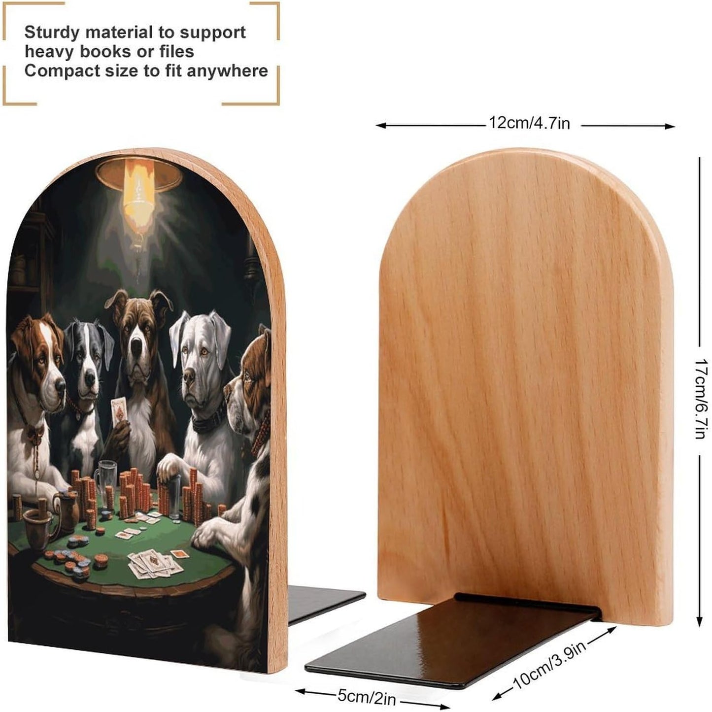Playing Poker Dogs Bookend for Shelves Wooden Book End Large Size Sturdy Book Holders Stoppers with Metal Base for Bookshelves Slick Decorative Bookends Stands