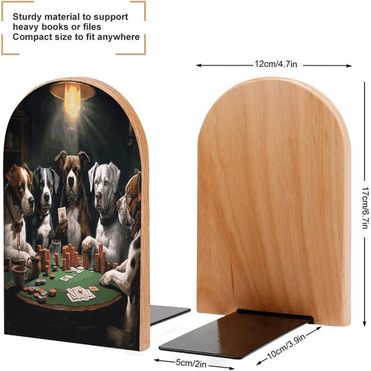 Playing Poker Dogs Bookend for Shelves Wooden Book End Large Size Sturdy Book Holders Stoppers with Metal Base for Bookshelves Slick Decorative Bookends Stands