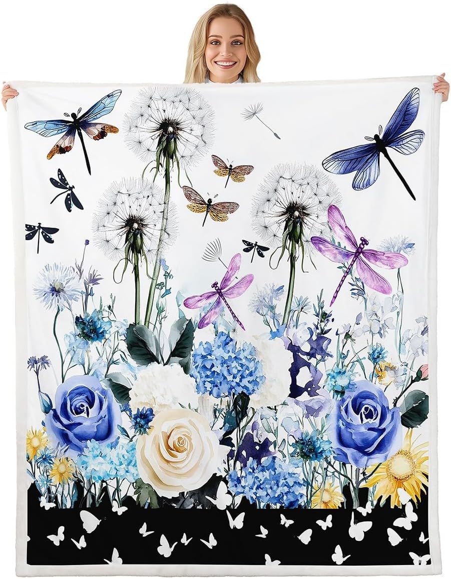 Erosebridal Dragonfly Fleece Blanket, Multicolor Floral Throw Blanket, Twin Size 60"x80", Soft and Warm, Perfect for Reading, Napping, Camping, Travel