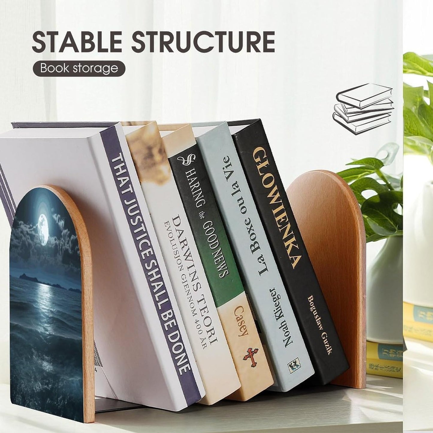 Moon and Sea Bookend for Shelves Wooden Book End Large Size Sturdy Book Holders Stoppers with Metal Base for Bookshelves Slick Decorative Bookends Stands