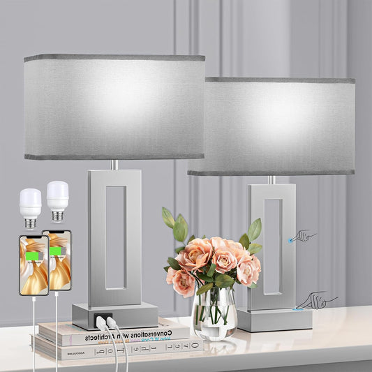 Seealle Bedroom Table Lamps Set of 2 - Grey Touch Bedside Lamps with USB C+A, 3 Way Dimmable Gold Lamp for Nightstand, Modern Night Stands Lamps for Living Room End Tables