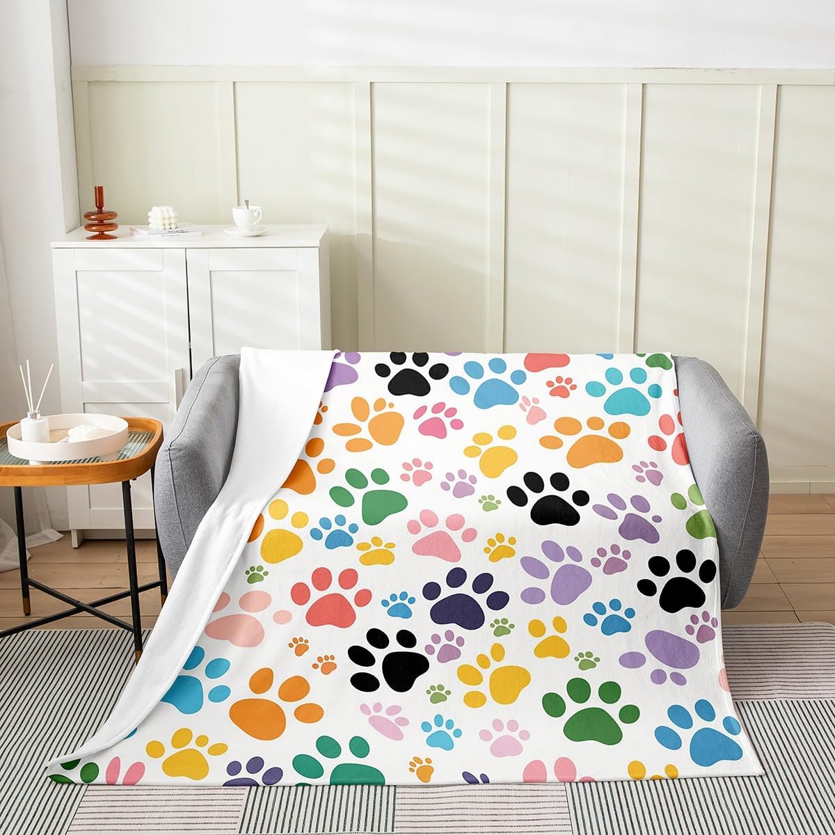 Castle Fairy Colorful Dog Paw Flannel Blanket Queen 90"x90",Puppy Dog Lover Fleece Throw Blankets for Couch Bed,Cute Pet Footprinted Fuzzy Blanket for Kids Girls Woman Teens