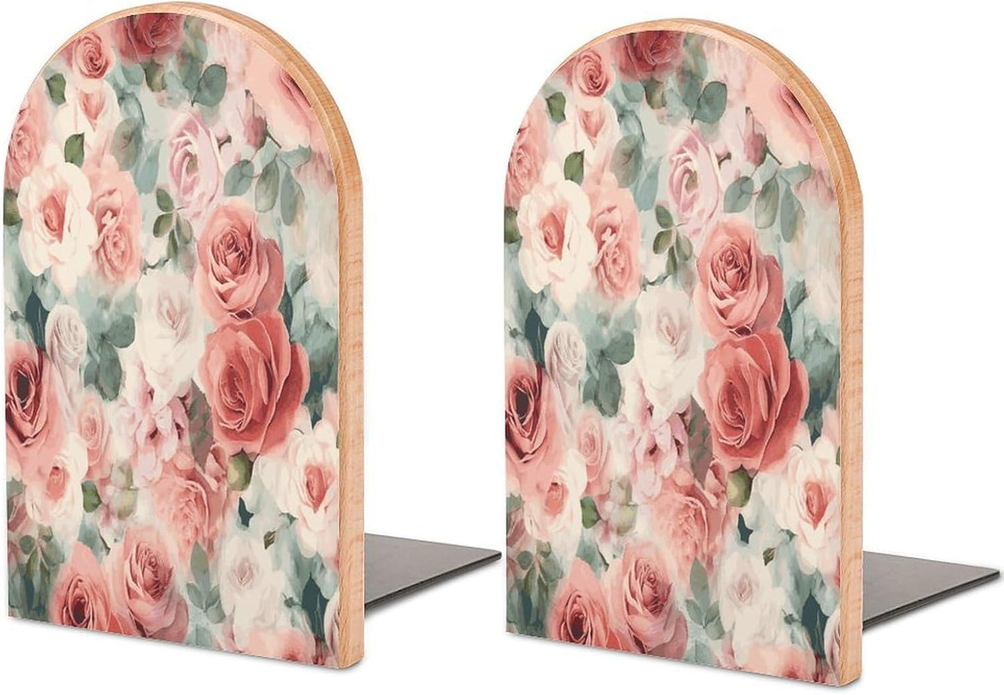 Soft Color Pale Faded Mix of Roses Bookends 1 Pair Heavy Duty Book Ends for Shelves Non-Skid Bookend Supports Wooden Book Holders with Metal Base Desk Organizers Books Storage to Hold Books