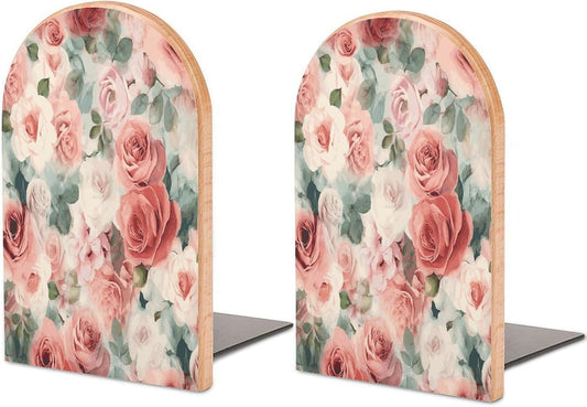 Soft Color Pale Faded Mix of Roses Bookends 1 Pair Heavy Duty Book Ends for Shelves Non-Skid Bookend Supports Wooden Book Holders with Metal Base Desk Organizers Books Storage to Hold Books