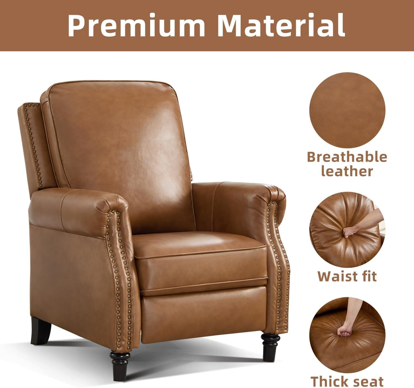 Genuine Leather Pushback Reclining Chairs with Padded Seat Wingback with Rivet Decoration Single Recliner Chair Sofa for Living Room Apartment(Brown)