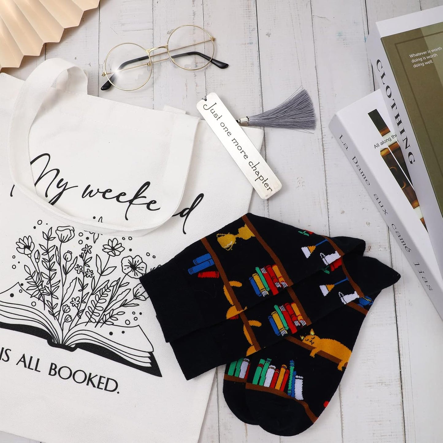 Sieral Sets of 4 Book Lovers Gift for Women Bookish Stainless Steel Tumbler Tote Bag Socks Books Bookmark Librarian Appreciation Gift for Book Bookworm Teacher Graduation(Reading)