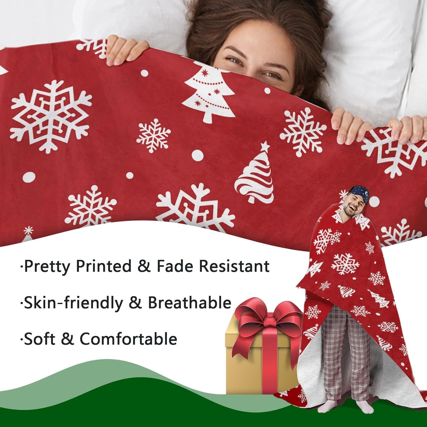 Christmas Tree Red Flannel Throw Blanket, Xmas Pine Trees Snowflake Birthday Gifts for Kids Men Women, Winter Holiday Soft Blankets for Bedding Sofa 50 x 60 Inches