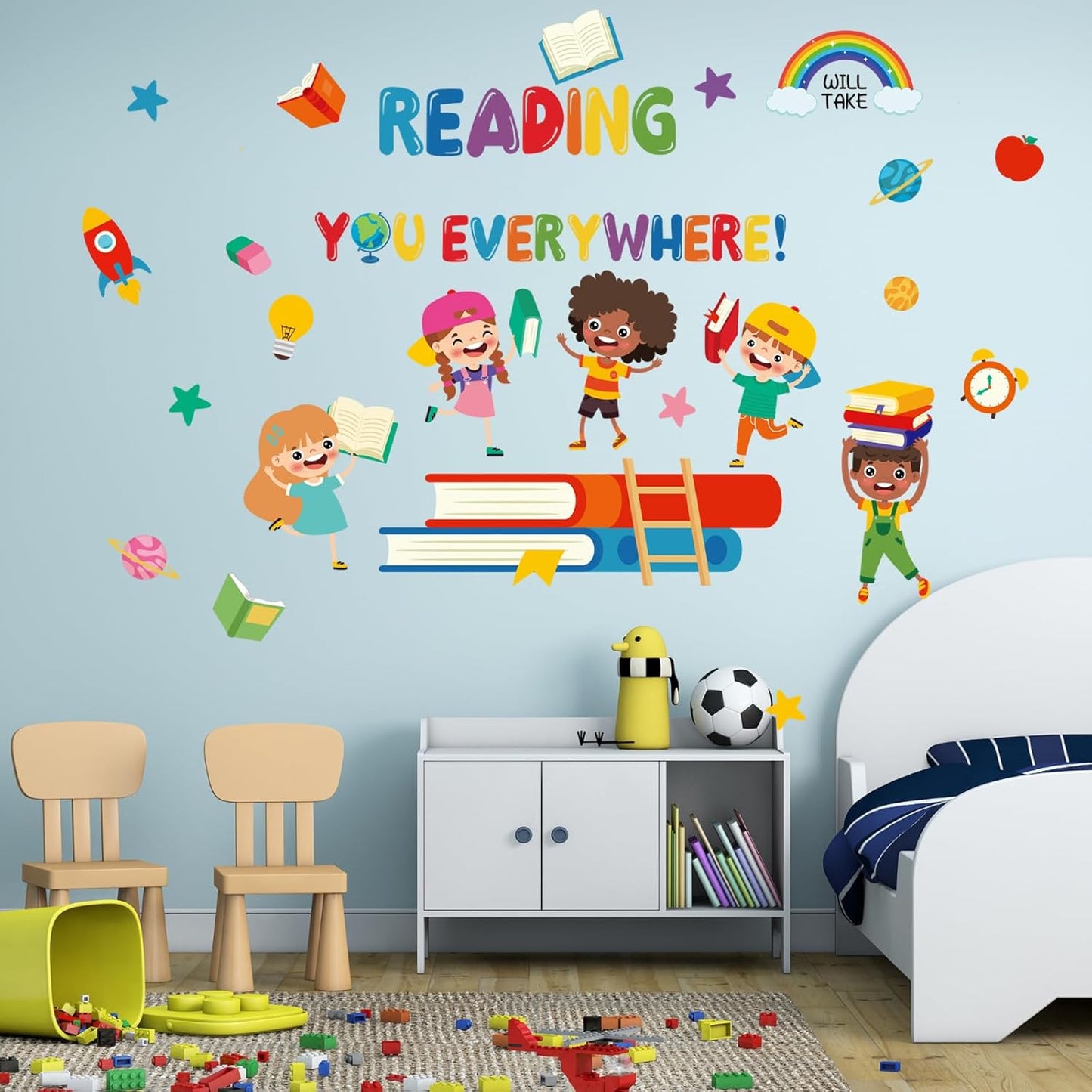Reading Everywhere Wall Stickers - Inspirational Quotes Rainbow Book Wall Decals - Baby Nursery Kids Room Daycare Playroom Classroom Wall Decor (Read)