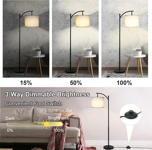 Modern Floor Lamp, 3-Ways Dimmable Standing Lamp with Linen Shade, Adjustable Height, Foot-Step Switch, Reading Lamp for Living Room, Bedroom, Office, 9W Bulb Included (Black)